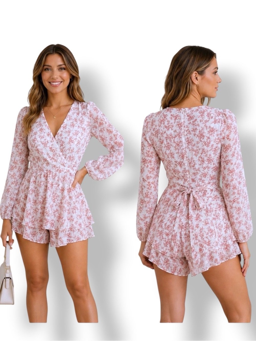 Classic Fashion Collection Wrap Romper Long Sleeve V  Neck Pink White Large